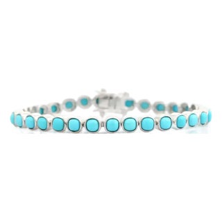 925 Silver Cushion Cut Turquoise Bezel Set Tennis Bracelet- Birthday Gifts for Him For Sale