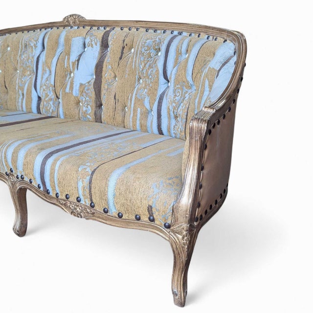 Early 20th Century French-Style Carved Wood Sofa With Striped Upholstery For Sale - Image 9 of 18