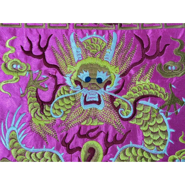 Asian Square Magenta Golden Dragon Bats Blossom Flower Fabric Display Art For Sale - Image 9 of 9