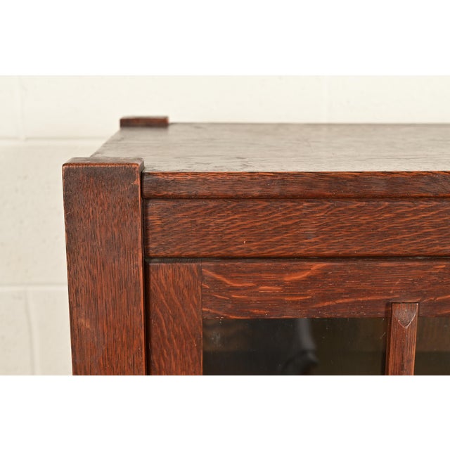 Wood Stickley Brothers Style Antique Mission Oak Arts & Crafts Glass Front Triple Bookcase, Circa 1910 For Sale - Image 7 of 11