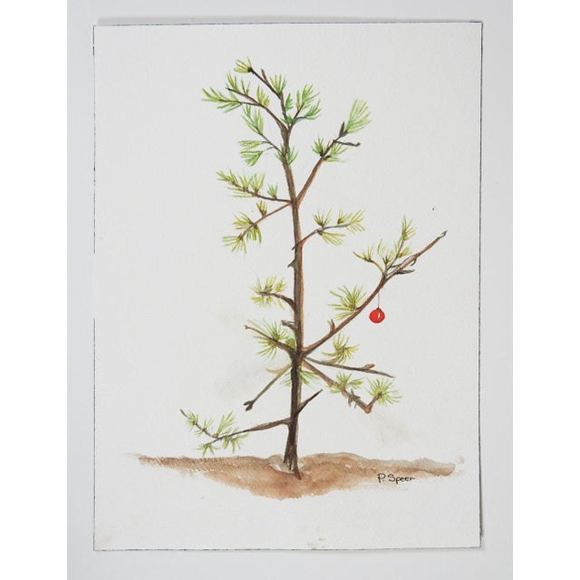 Contemporary Early 21st Century Sparse Christmas Tree Watercolor Painting For Sale - Image 3 of 3