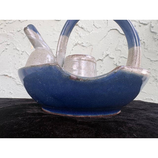 Mid-Century Studio Art Pottery Pouring Vessel – Blue & Beige Stoneware Cruet Form For Sale - Image 9 of 11