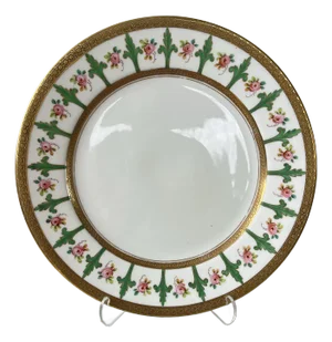 Handpainted Porcelain Decorative Plate With 18 Karat Gold Trim, Green Fleur De Lis and Roses - Crown England Sutherland, Ovington Bros. Co. New York