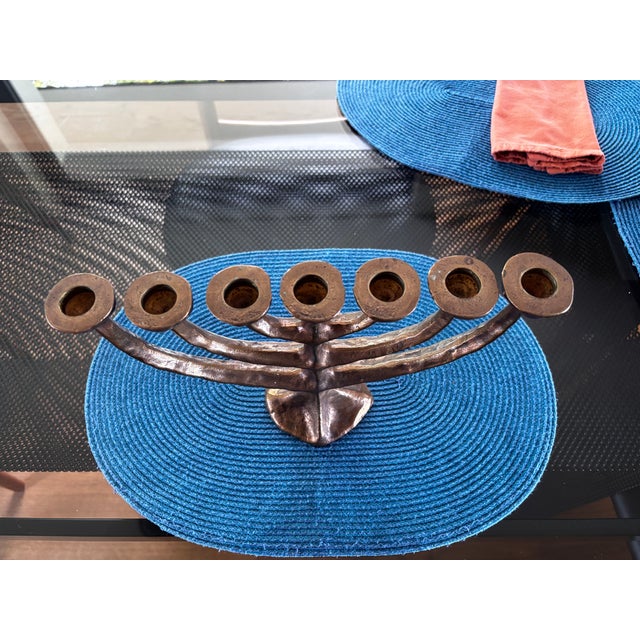 Metal Brutalist Bronze Menora attributed to Michael Harjes, 1960 For Sale - Image 7 of 12