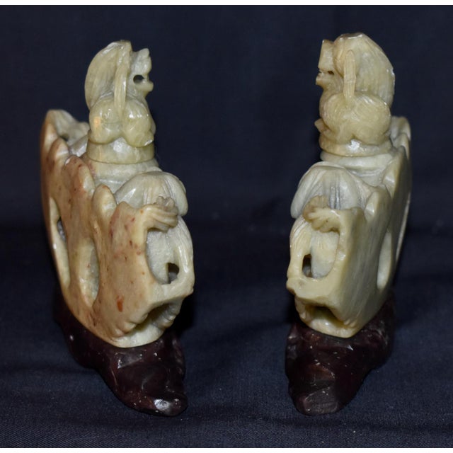 Stone Chinese Hand Carved Soapstone Incense Burner Censer Koro Foo Dogs Lions Pair For Sale - Image 7 of 12