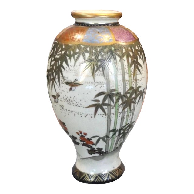 Circa 1915 Japanese Satsuma Ware Porcelain Bamboo/Bird/Floral Motifs Baluster Vase (Taisho Period) For Sale