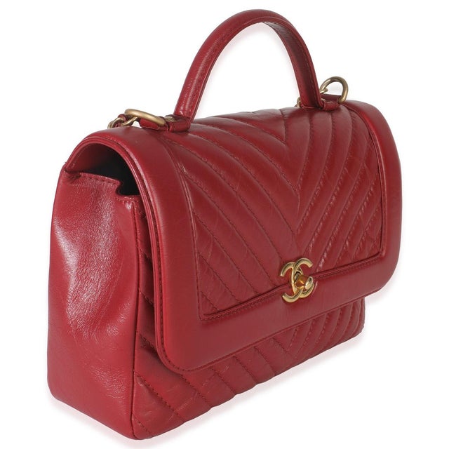 Traditional Red Chevron Calfskin Top Handle Flap Bag For Sale - Image 3 of 9