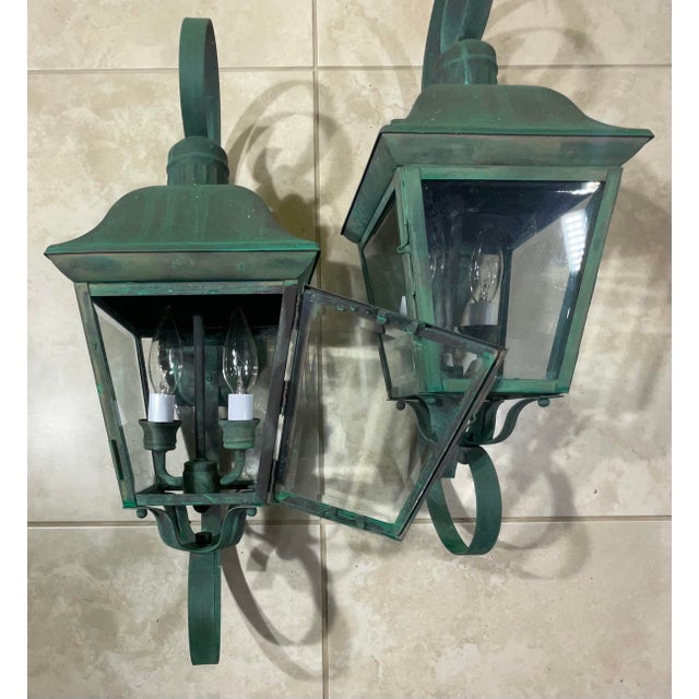 Pair of Vintage Solid Brass Outdoor Wall Lanterns - 22”h X 7”.5 W X 7”.5 D For Sale - Image 4 of 16