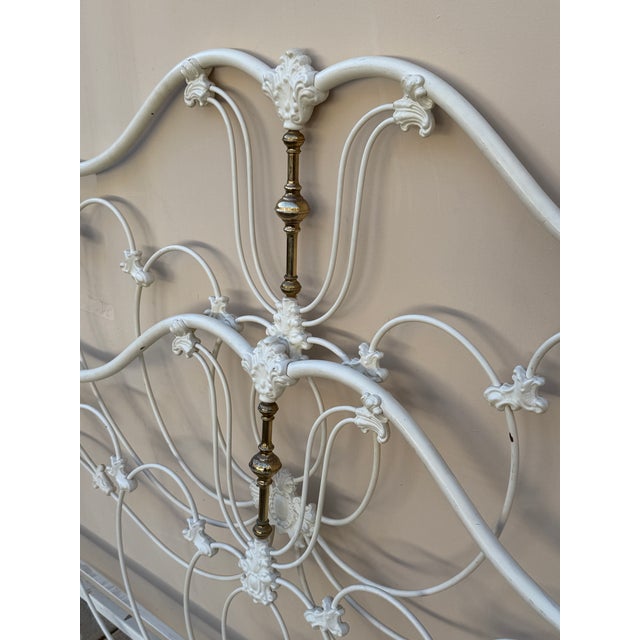 White Vintage Elliott's Designs White Cast Iron Brass Queen King Headboard Footboard For Sale - Image 8 of 12