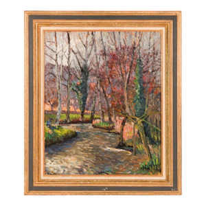 Albert Malet, French Post Impressionist Oil Painting Albert Malet Landscape With Man Fishing