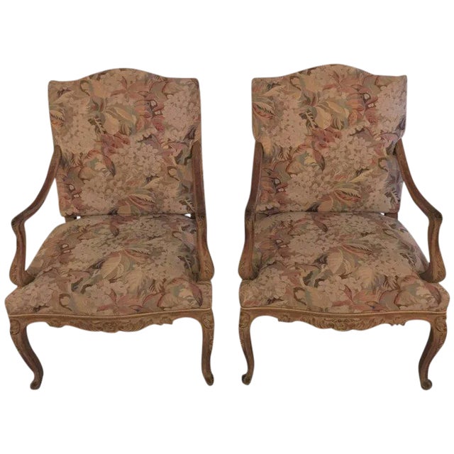 Distressed Carved Louis XV Style Fauteuils - Pair For Sale