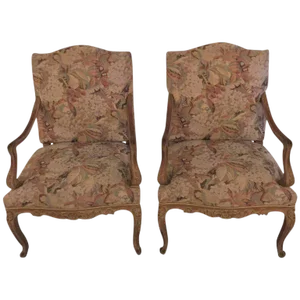 Distressed Carved Louis XV Style Fauteuils - Pair