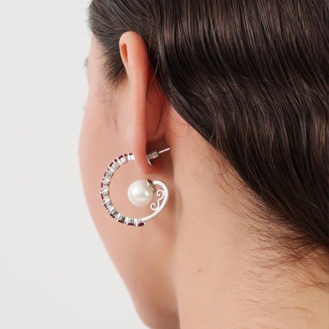 Natural Ruby & Freshwater Pearl Designer C Hoop Earrings in 925 Sterling Silver, A Pair For Sale - Image 4 of 15