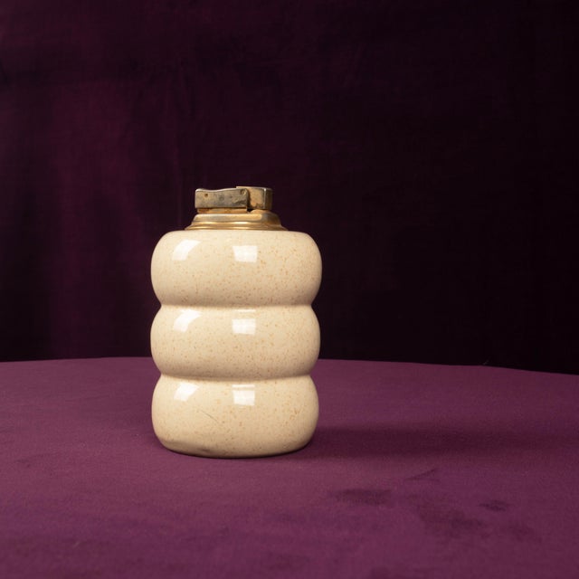 Cream Speckled Ceramic and Brass Table Lighter by Tommaso Barbi, 1970s For Sale - Image 10 of 15