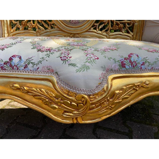 Vintage French Louis XVI Settee in Gilded Beech Wood, Mint Damask & Cream Velvet For Sale - Image 9 of 11