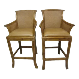 Tommy Bahama Style Medium Tone Leather Seats Barstools- Set of 2