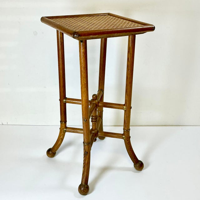 1950s Vintage Arts & Crafts Boho Chic Oak, Cane & Brass Stick & Ball Drinks Table For Sale - Image 4 of 13