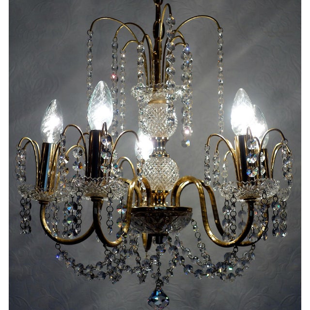 Gold Brass and Lead Crystal 5-Light Chandelier from Preico, 1970s For Sale - Image 8 of 9