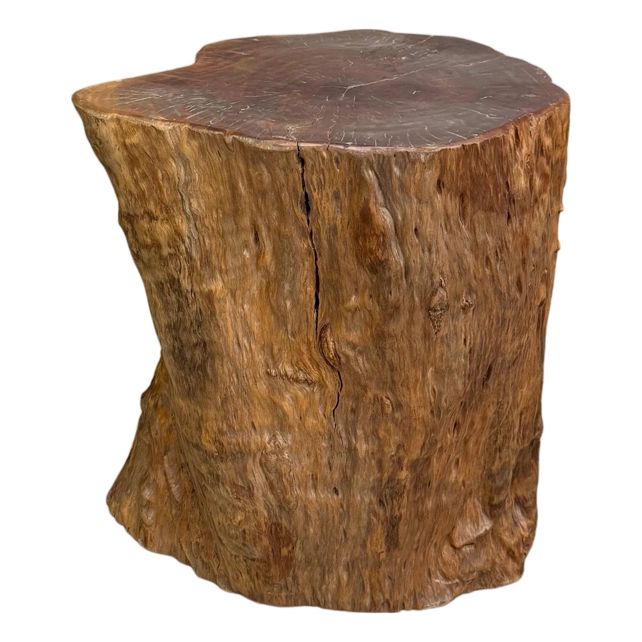 Reclaimed Tree Trunk Side Pedestal Table with Red Brown Top | Chairish