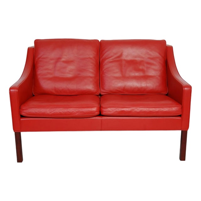 Vintage 2208 Two-Seater Sofa in Red Leather by Børge Mogensen, 2000s For Sale