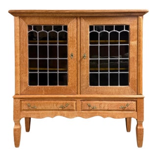 Danish Carved Oak & Leaded Glass Sideboard by Henning Kjærnulf, Attributed For Sale