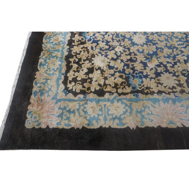1920s Hand Knotted Allover Navy Blue Floral Antique Peking Chinese Carpet Rug For Sale - Image 9 of 12