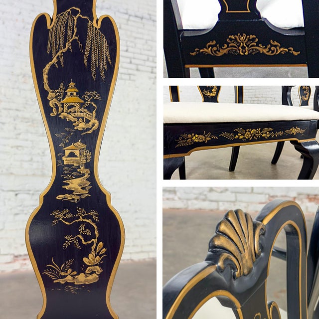 Black Mid-20th Century Chinoiserie & Georgian Style Pair of Host & Hostess Armchairs Black Lacquer Frames For Sale - Image 8 of 12