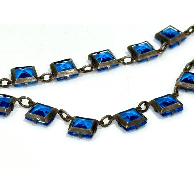 Antique Czech Glass 1920s Art Deco Cascading Sterling Silver Prong Set Blue Necklace For Sale - Image 10 of 10