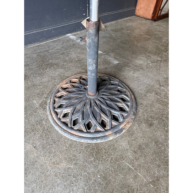 Mid Century Fringed Patio Umbrella With Base For Sale - Image 9 of 12