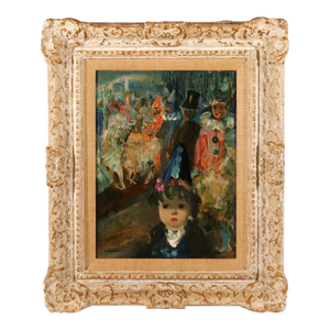 Late 20th Century Jean Calogero, Mod Italian Surrealist Oil Painting Jean Calogero La Reve, Girl, Victorian Party, Framed