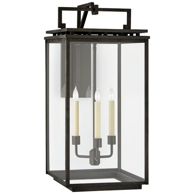 Chapman & Myers for Visual Comfort Signature Cheshire Large Bracketed Wall Lantern in Aged Iron with Clear Glass For Sale