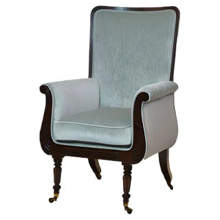 Antique Regency Mahogany & Designers Guild Velvet Lyre-Shaped Armchair in the Style of Gillows Manner For Sale