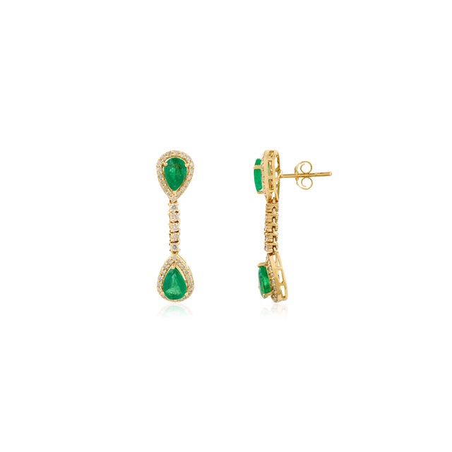 Victorian 14k Gold Emerald Pear Drop Dangle Earrings With Diamonds- A Pair For Sale - Image 3 of 9