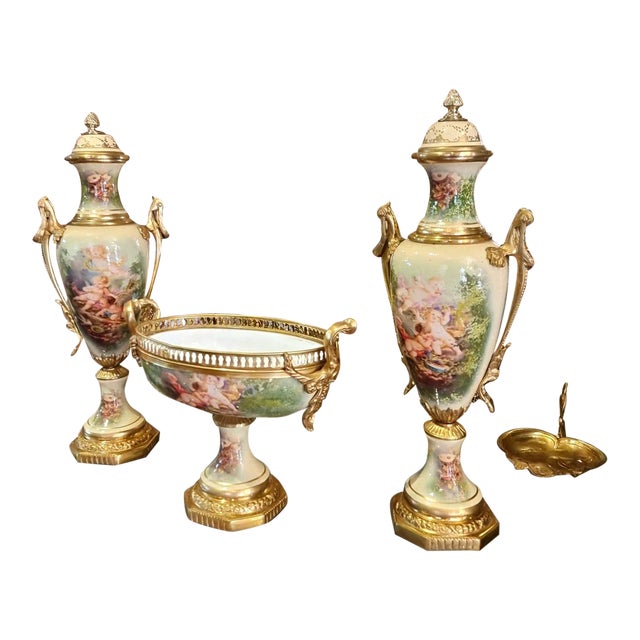 French Louis XV Style Porcelain Garniture Set – White, Soft Green & Pink With Bronze Details, 3-Piece Collection For Sale