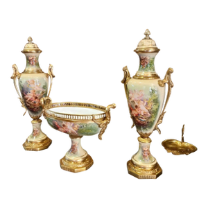 French Louis XV Style Porcelain Garniture Set – White, Soft Green & Pink With Bronze Details, 3-Piece Collection