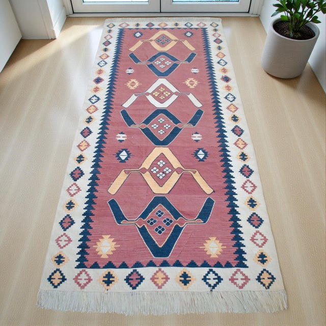 Contemporary 3x7 Pink Navy Silk Kilim, Modern Turkish Flatweave Runner, Handwoven Entryway Corridor Rug, Geometric Tribal Runner For Sale - Image 3 of 18