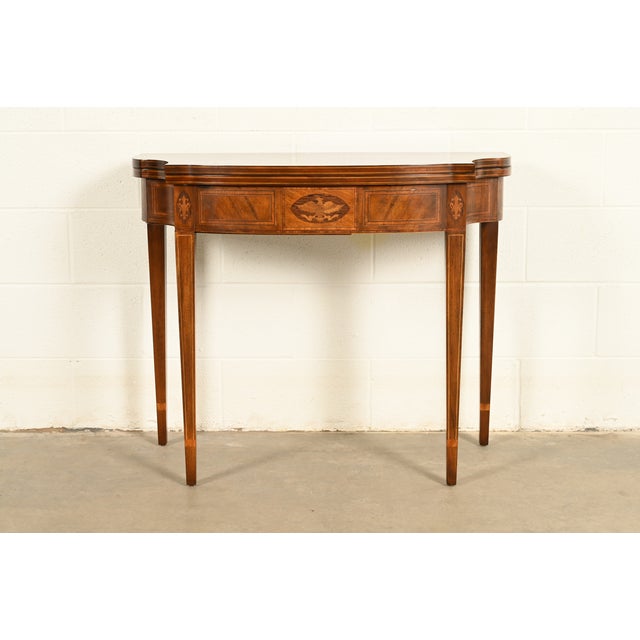 English Baker Furniture Federal Inlaid Mahogany Flip-Top Console or Game Table For Sale - Image 3 of 17