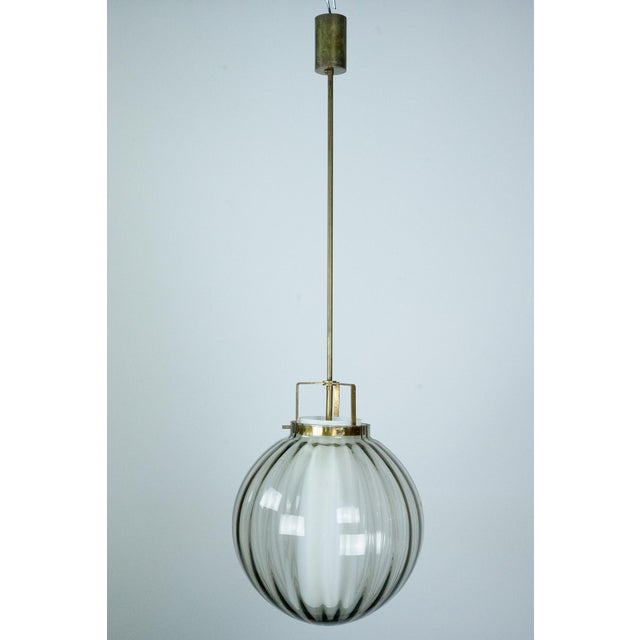 Metal Mid-Century Smoked Murano Glass Pendant with Opaline Diffuser, Italy, 1950s For Sale - Image 7 of 13