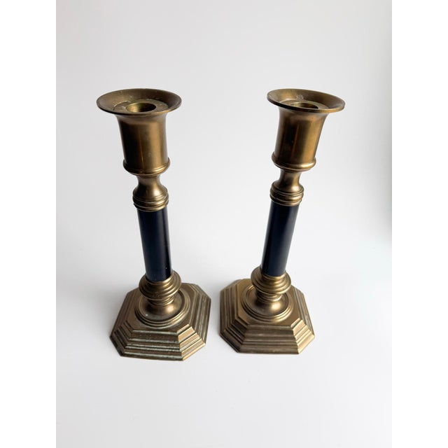 Transitional Vintage Brass Candlesticks With Black Columns – Pair For Sale - Image 3 of 8