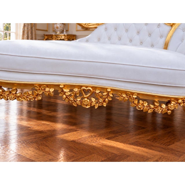 1970s Artisan Louis XVI Gold Beech Leather Chaise For Sale - Image 4 of 8