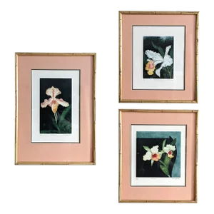 1978-1981 Framed Original Etchings of Orchids by Jess Flores, Set of 3