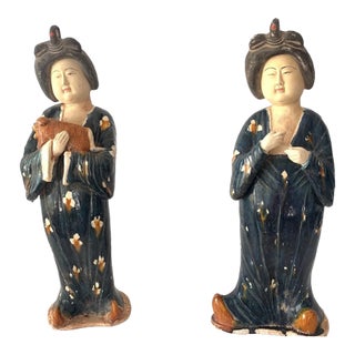 Tang Style Chinese Court Ladies in Blue Dress Ceramic Glazed Terracotta Figurines 24"h For Sale