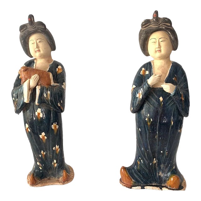 Tang Style Chinese Court Ladies in Blue Dress Ceramic Glazed Terracotta Figurines 24"h For Sale