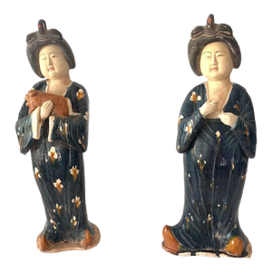 Tang Style Chinese Court Ladies in Blue Dress Ceramic Glazed Terracotta Figurines 24"h
