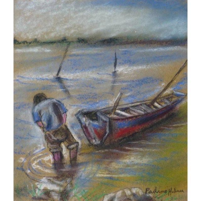 2010s Paulino Medina, Marine Oil Pastel - Wading in the Bay For Sale - Image 5 of 5