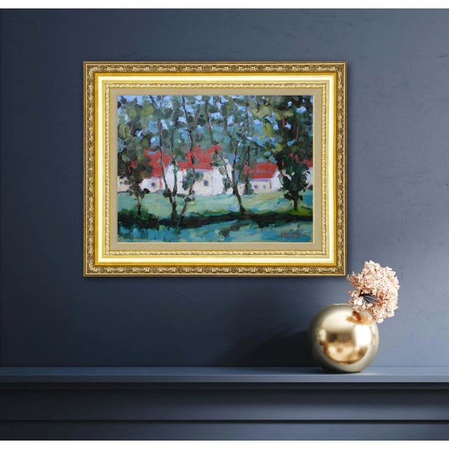 2020s Red Roofs, Through the Trees Impressionist Oil Painting Landscape For Sale - Image 5 of 7