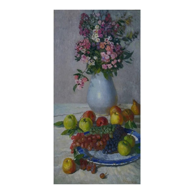 Vintage Still Life Oil Painting, Flowers and Fruit, 1960s Soviet Art 100-50 For Sale