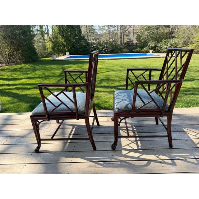 Air of Baker Chinoiserie Lacquered Lounge Chairs With Geometric Lattice Backs & Upholstered Seats For Sale - Image 12 of 18