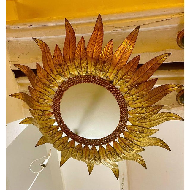 Large Spanish Sunburst Flush Mount in Gilt Metal with Support, 1950 For Sale - Image 4 of 12