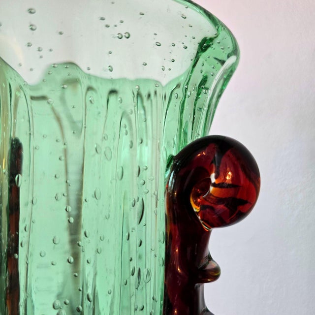 1980s Pair of Green and Golden Brown Murano Glass Vases For Sale - Image 11 of 13